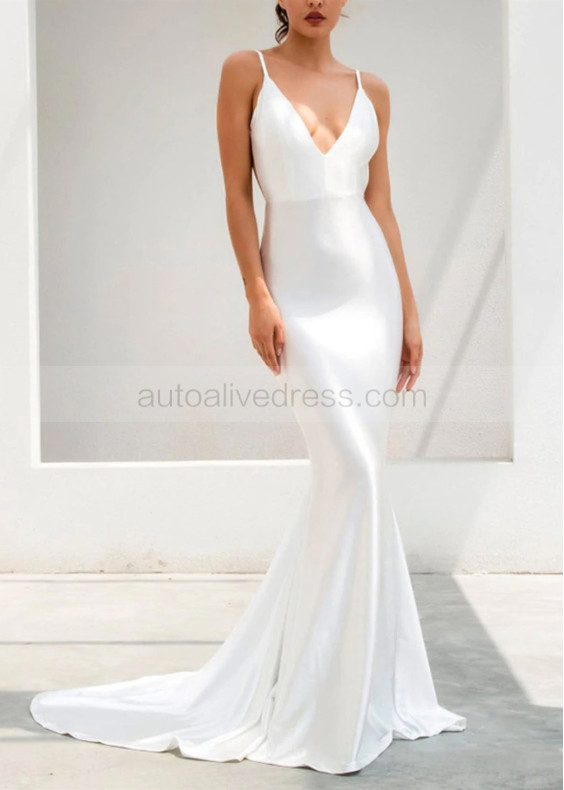 Spaghetti Straps Ivory Satin Backless Sexy Wedding Dress